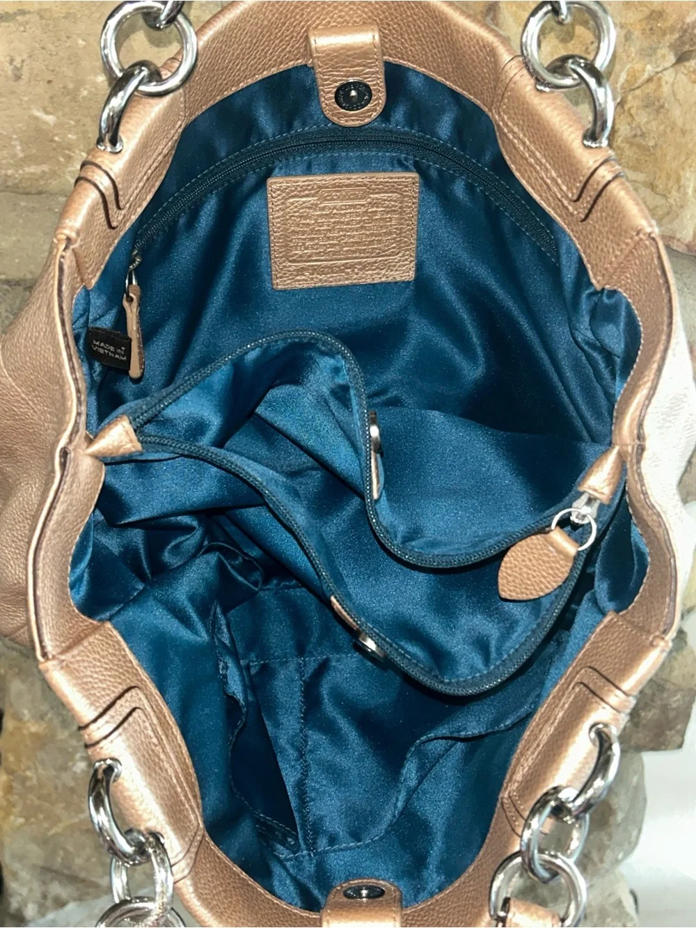Coach Penelope Metallic Rose Gold Pebbled Leather Carryall Bag